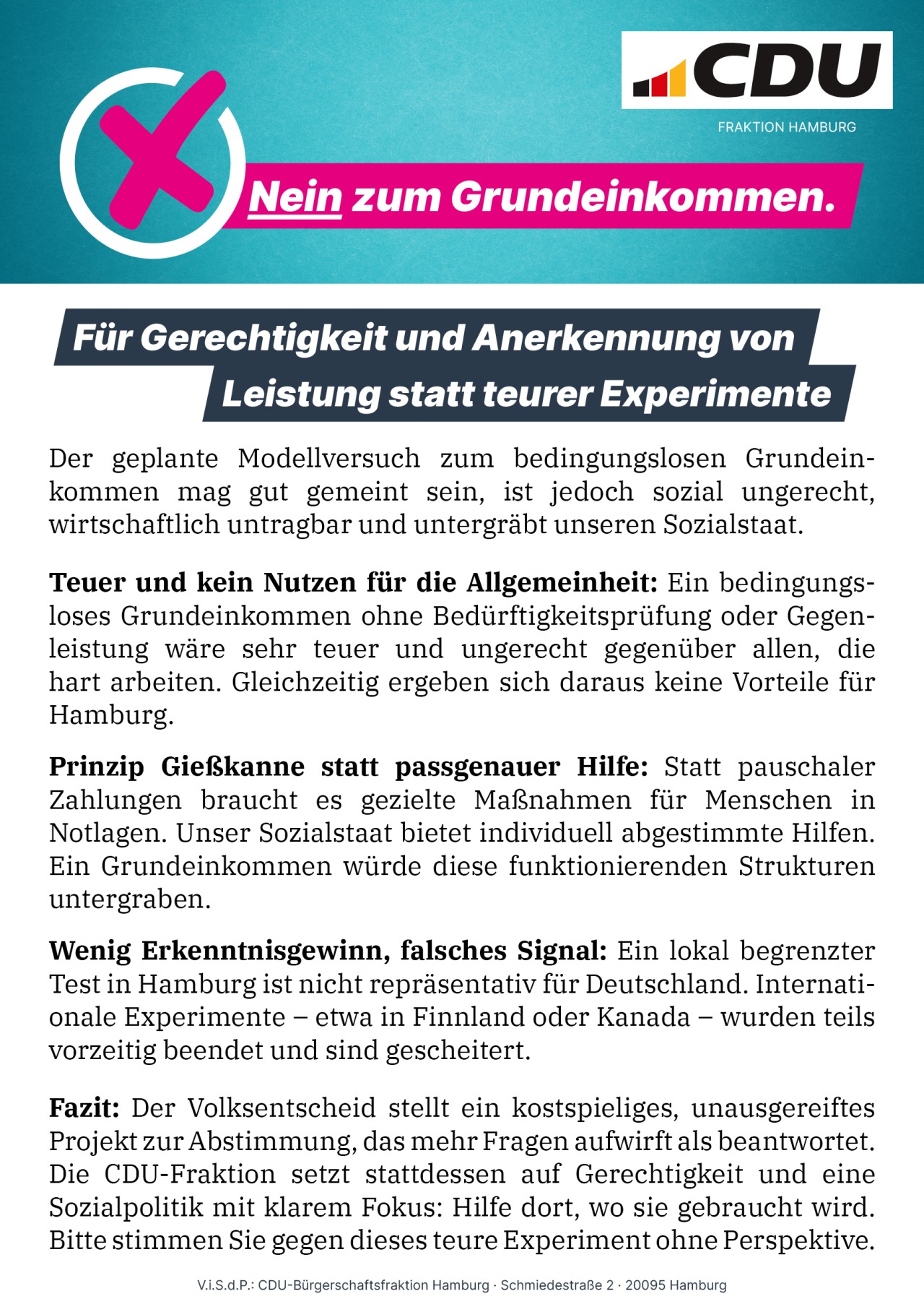 Flugblatt Volksentscheid Nein zum Grundeinkommen